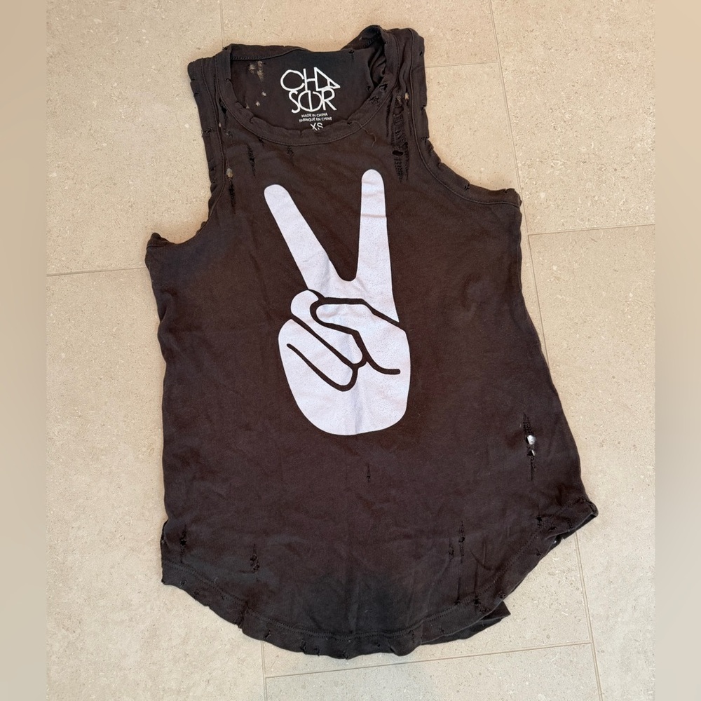Chaser Distressed Brown Muscle Tee with Peace Graphic